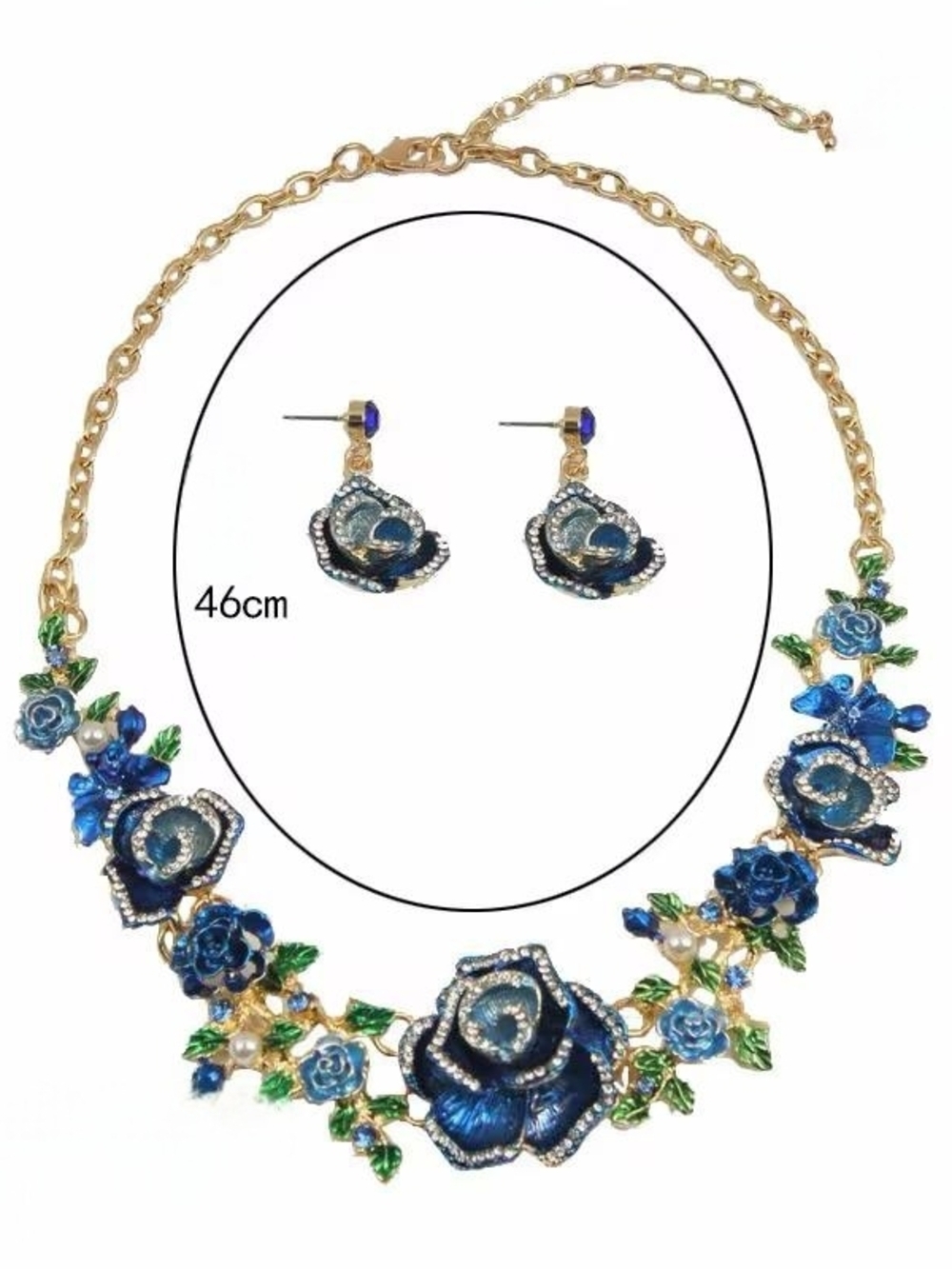 Gold-Tone Blue Floral Statement Necklace with Earrings - Picture 3 of 3